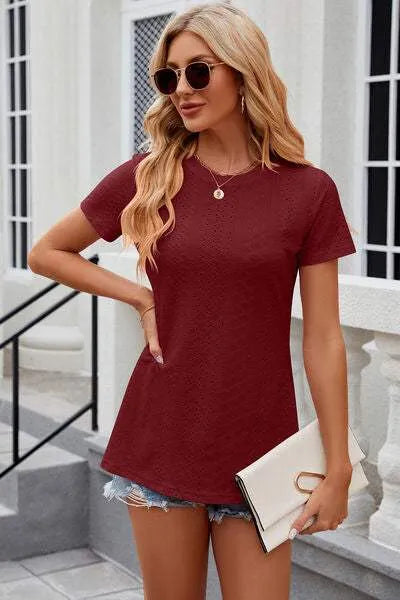 Eyelet Slit Round Neck Short Sleeve T-Shirt Women's T-Shirts - Tophatter Daily Deals